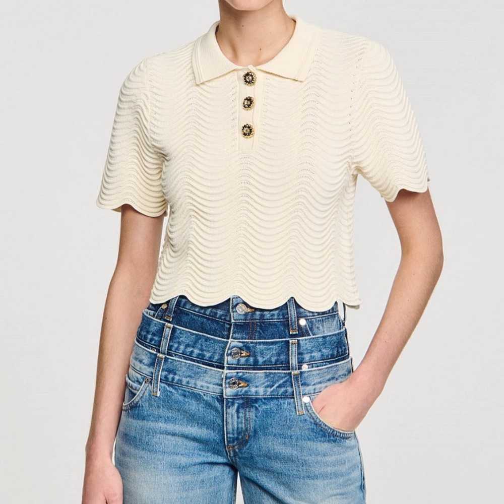 Campea Wavy Knit Cropped Polo Sweater